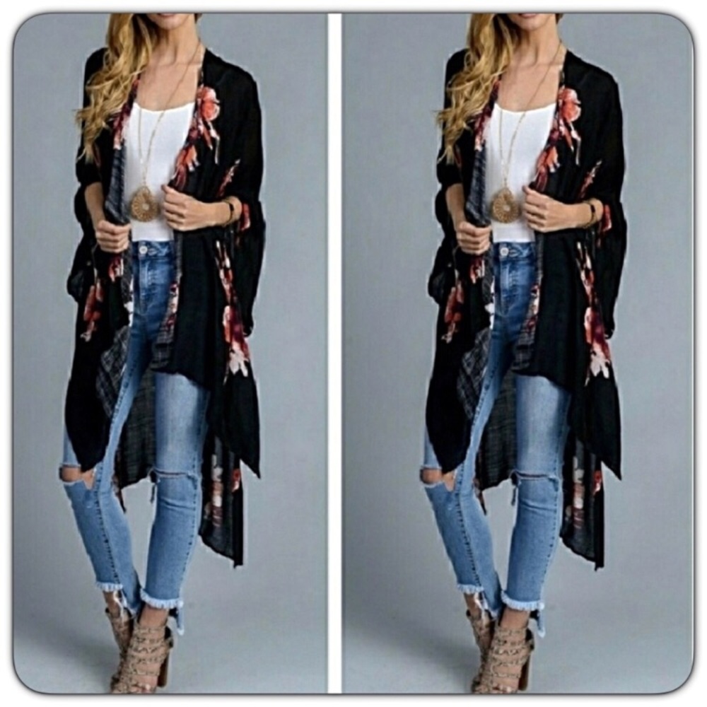 Boho Lightweight Black Floral Kimono Wrap Coverup - Picture 3 of 7